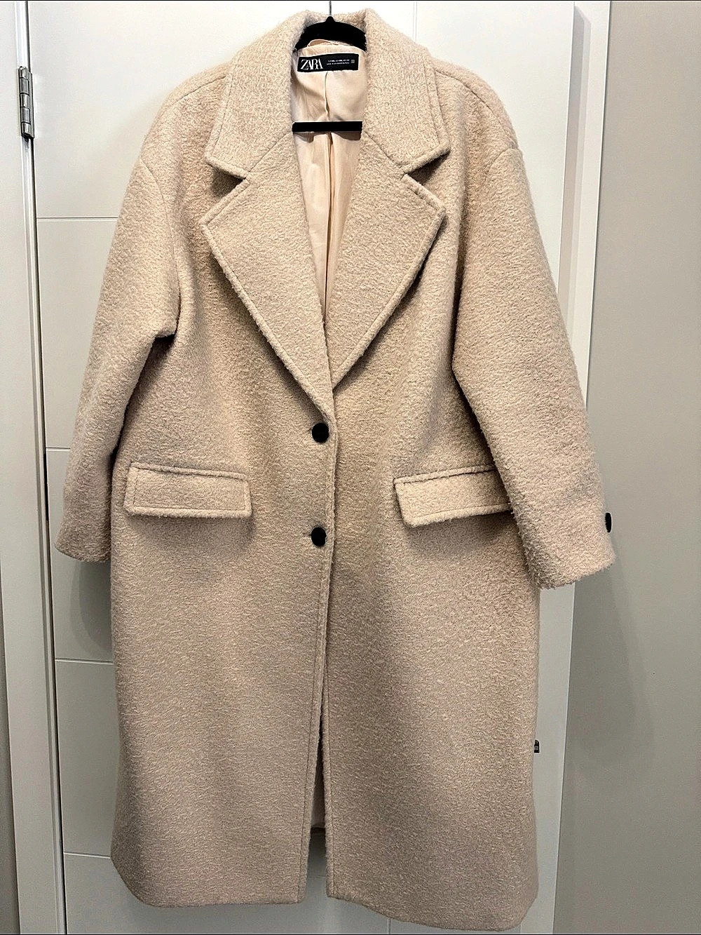 Zara Bouclé Coat Textured Long Coat in Cream